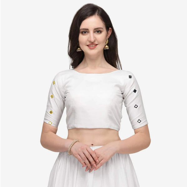 White Color Cotton Lehenga Choli with Real Mirror Work ClothsVilla