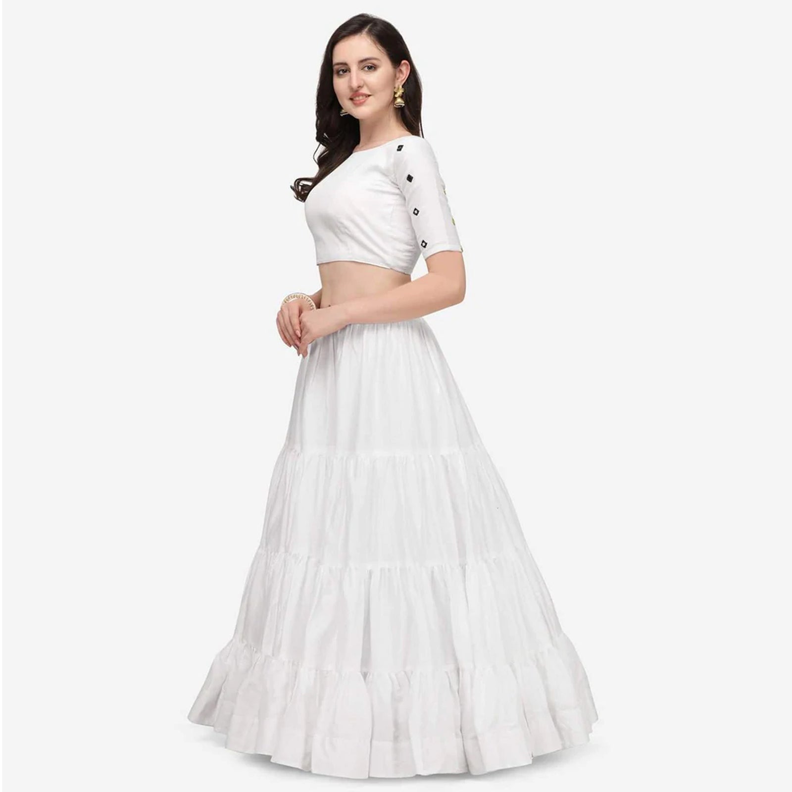 White Color Cotton Lehenga Choli with Real Mirror Work ClothsVilla