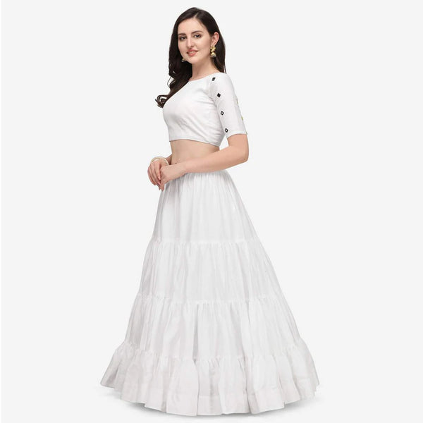 White Color Cotton Lehenga Choli with Real Mirror Work ClothsVilla