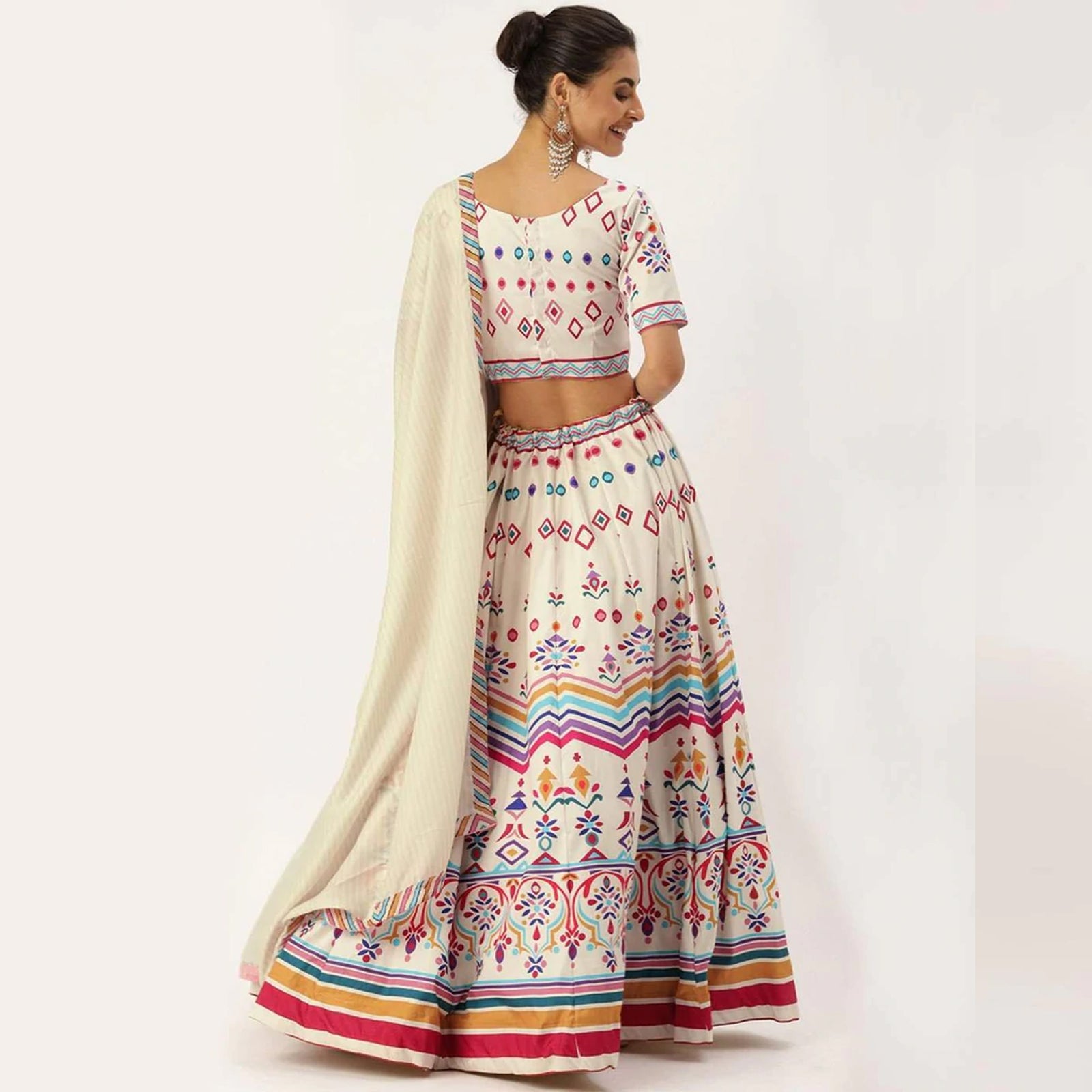 White Colored Lehenga Choli with Colorful Pattern Print Work ClothsVilla