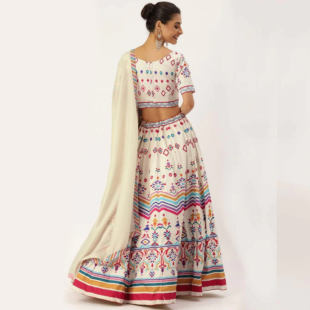 White Colored Lehenga Choli with Colorful Pattern Print Work ClothsVilla