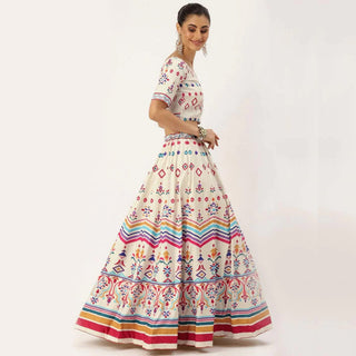 White Colored Lehenga Choli with Colorful Pattern Print Work ClothsVilla