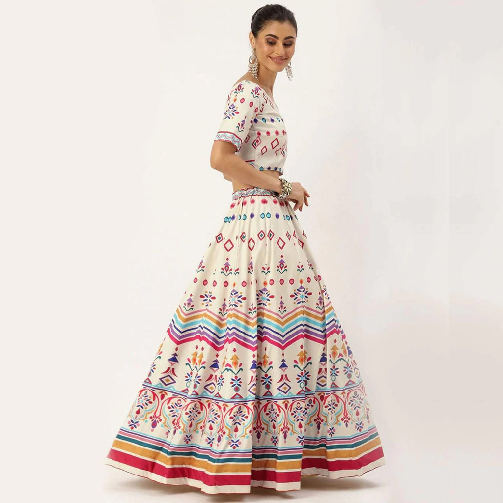 White Colored Lehenga Choli with Colorful Pattern Print Work ClothsVilla