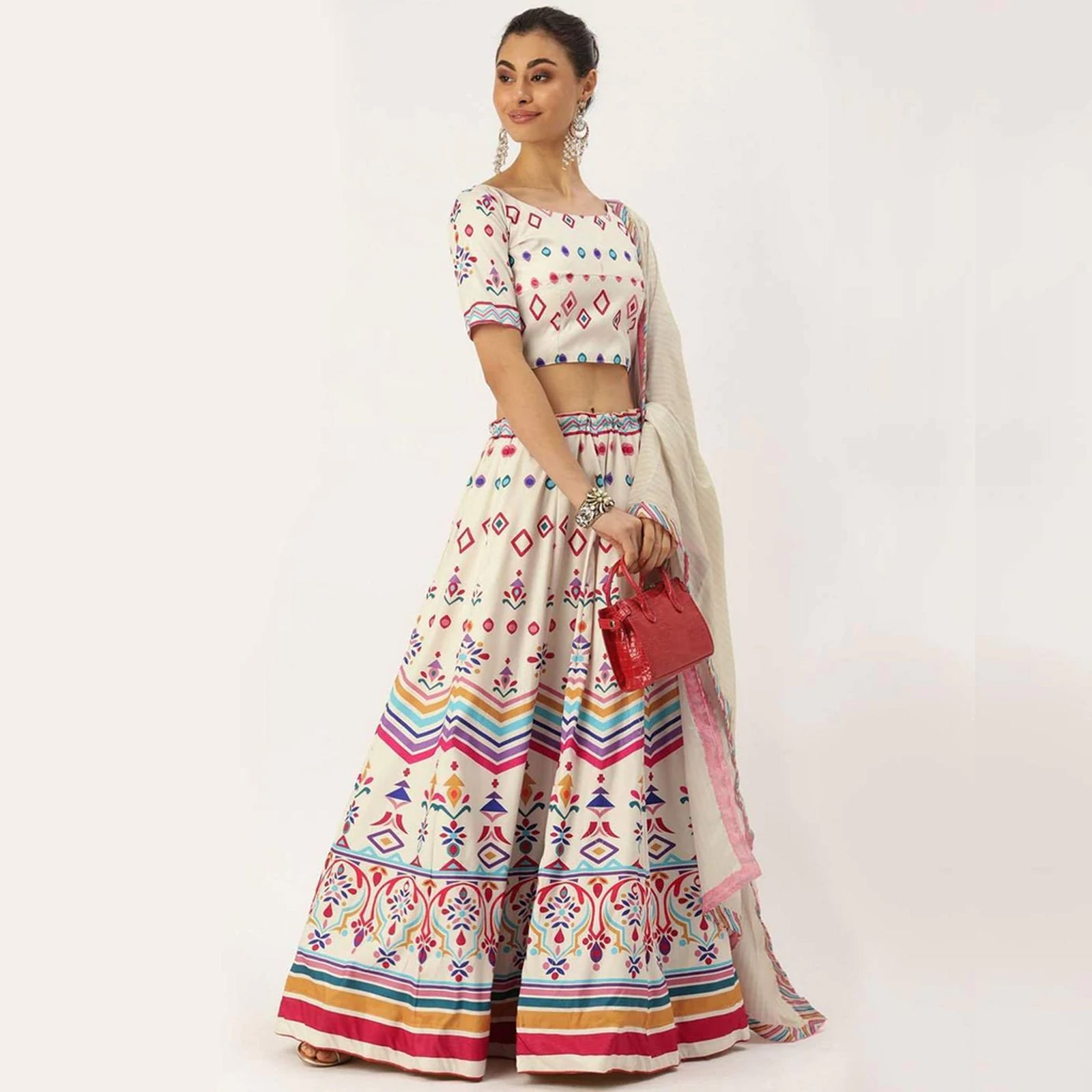 White Colored Lehenga Choli with Colorful Pattern Print Work ClothsVilla