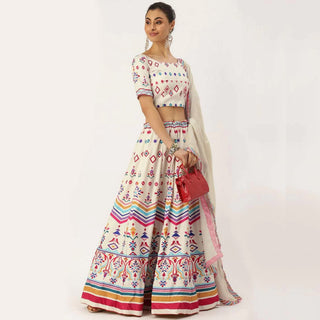 White Colored Lehenga Choli with Colorful Pattern Print Work ClothsVilla