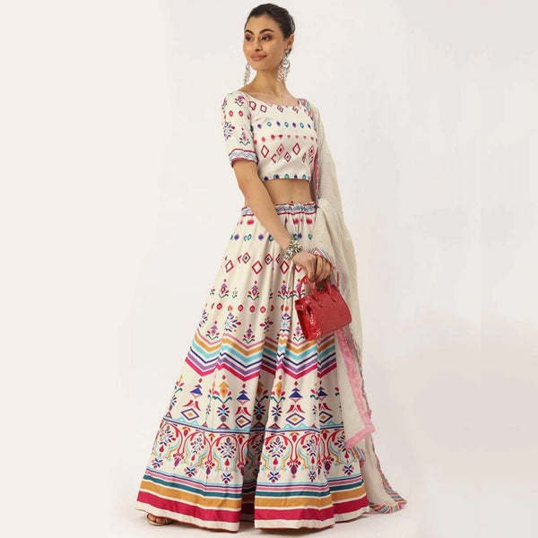 White Colored Lehenga Choli with Colorful Pattern Print Work ClothsVilla