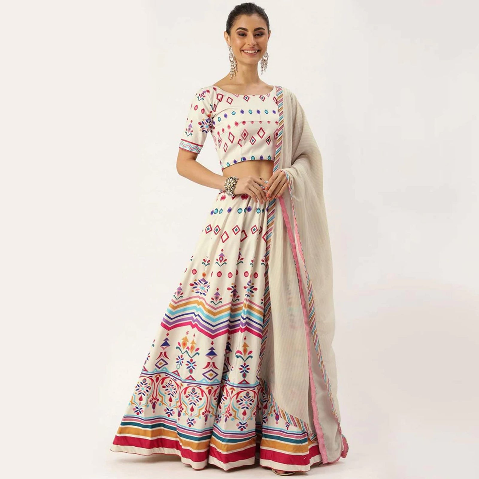 White Colored Lehenga Choli with Colorful Pattern Print Work ClothsVilla