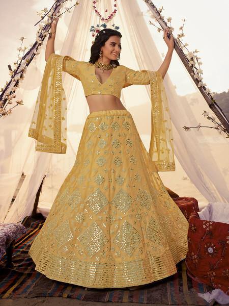 Musturd Yellow Embroidered Organza Lehenga Clothsvilla