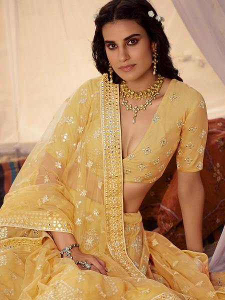 Musturd Yellow Embroidered Organza Lehenga Clothsvilla