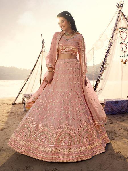 Peach Embroidered Organza Lehenga Clothsvilla