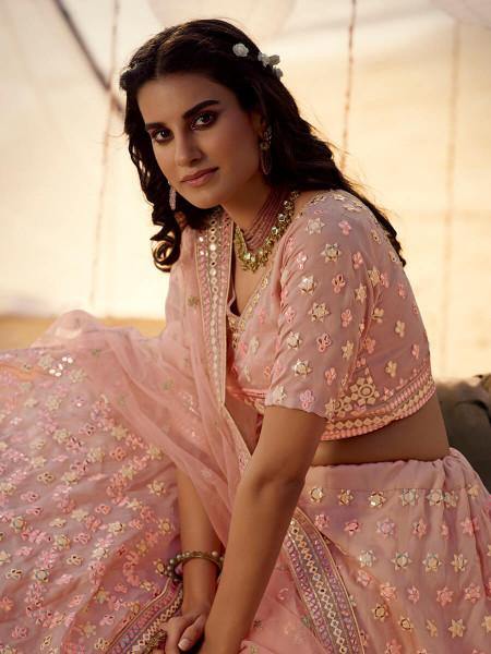 Peach Embroidered Organza Lehenga Clothsvilla