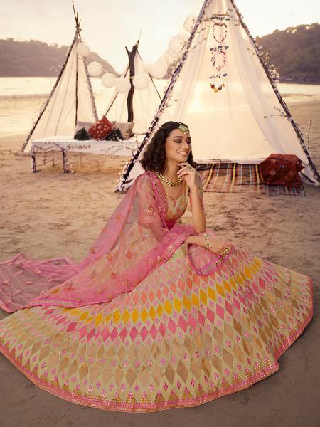 Beige Embroidered Organza Lehenga Clothsvilla