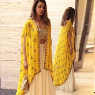 White Georgette Lehenga with Yellow Koti ClothsVilla