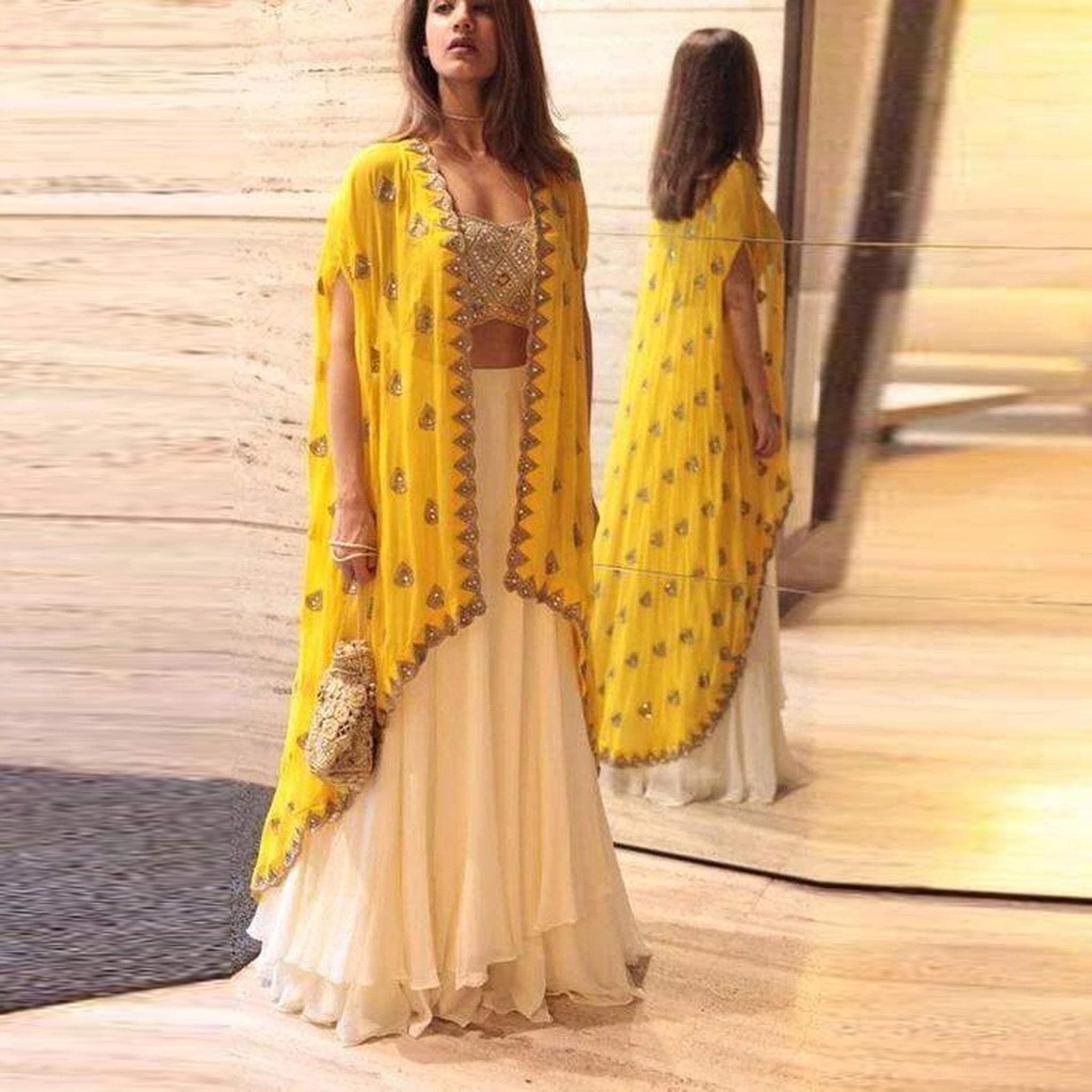 White Georgette Lehenga with Yellow Koti ClothsVilla