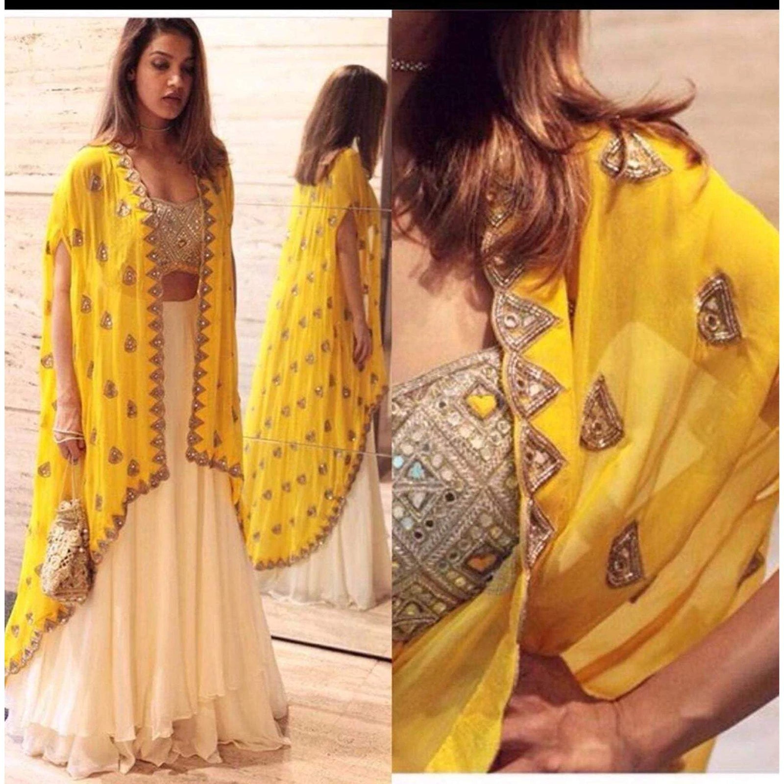 White Georgette Lehenga with Yellow Koti ClothsVilla