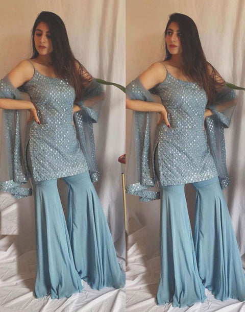 Grey colored Palazzo suit with heavy embroidery work ClothsVilla Main image