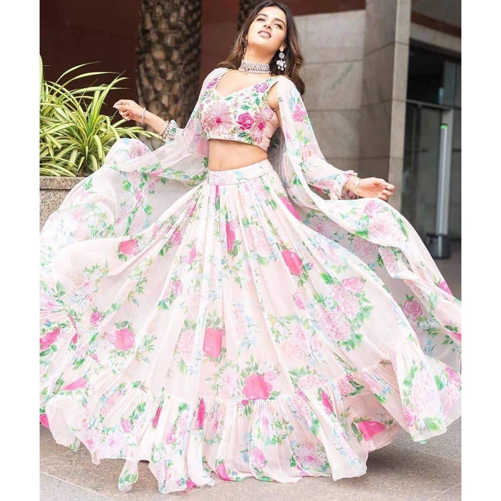 White Lehenga Choli in Floral Printed Georgette with Dupatta ClothsVilla