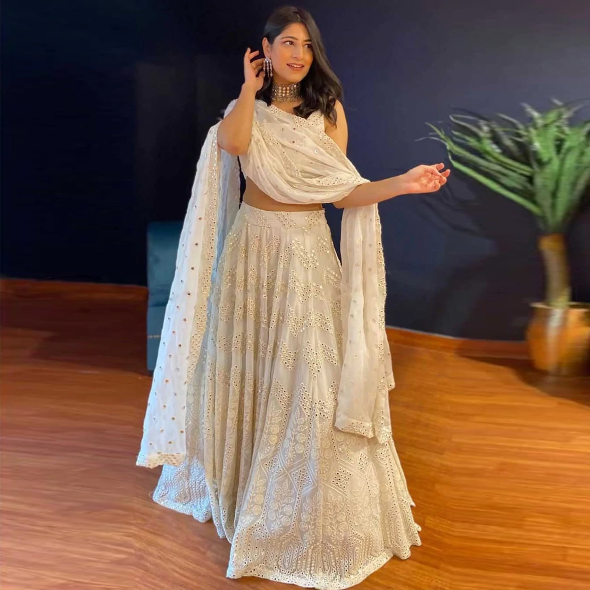 White Lehenga Choli in Georgette with Foil Mirror Work for Wedding ClothsVilla Main image