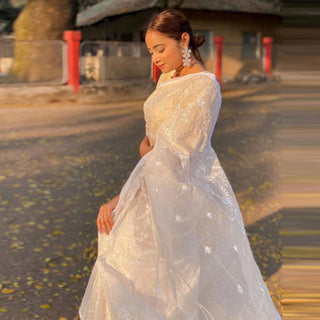 White Malai Organza Silk Saree with Beautiful Lucknowi Embroidery Work and Silk Blouse for Wedding ClothsVilla