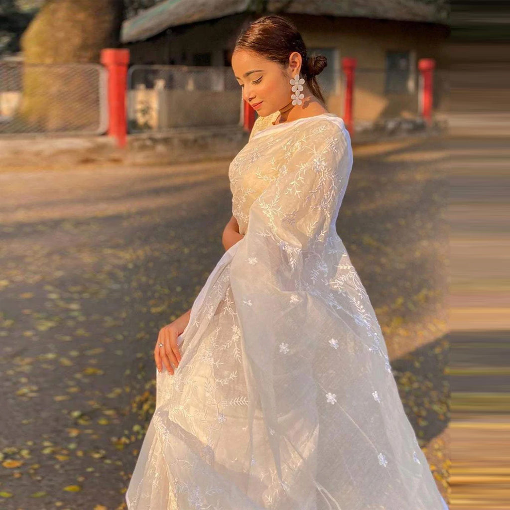 White Malai Organza Silk Saree with Beautiful Lucknowi Embroidery Work and Silk Blouse for Wedding ClothsVilla
