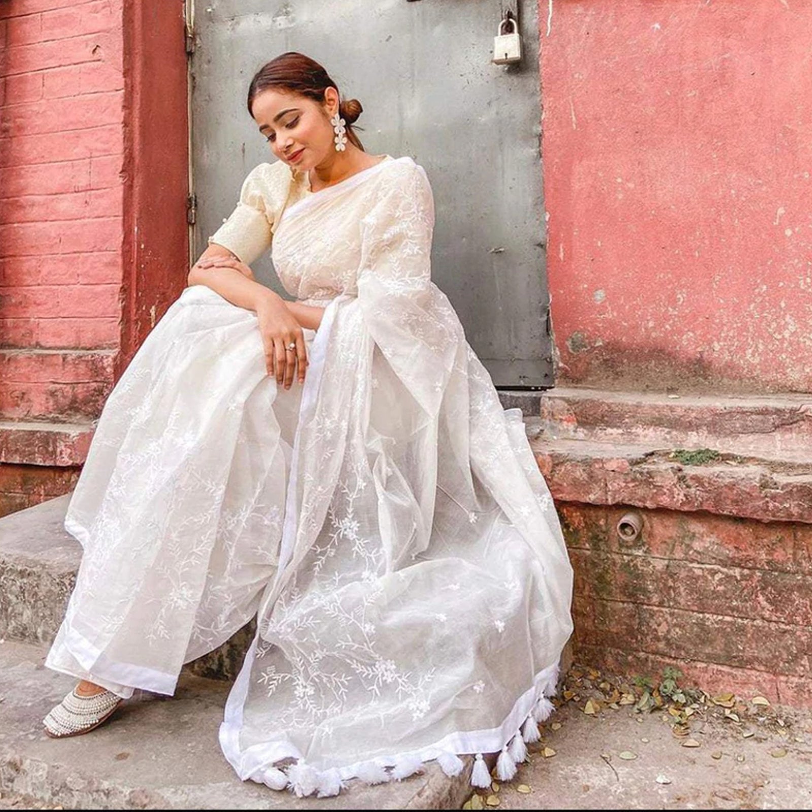 White Malai Organza Silk Saree with Beautiful Lucknowi Embroidery Work and Silk Blouse for Wedding ClothsVilla