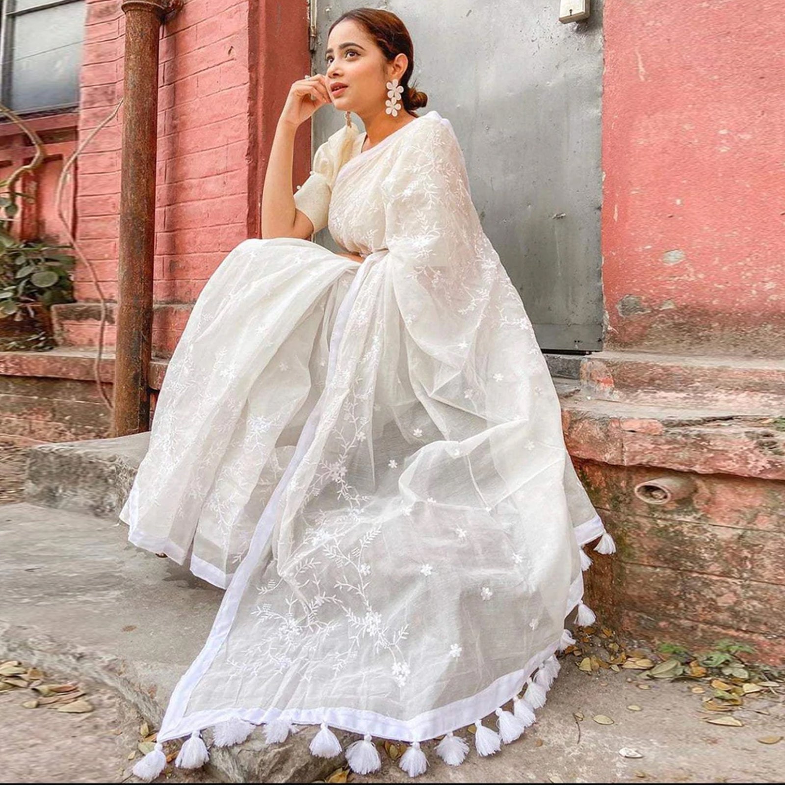 White Malai Organza Silk Saree with Beautiful Lucknowi Embroidery Work and Silk Blouse for Wedding ClothsVilla