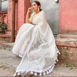 White Malai Organza Silk Saree with Beautiful Lucknowi Embroidery Work and Silk Blouse for Wedding ClothsVilla