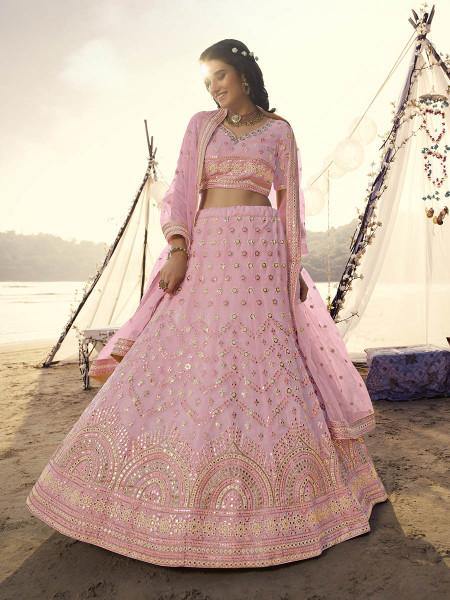 Pink Heavy Embroidered Organza bridal Lehenga Clothsvilla