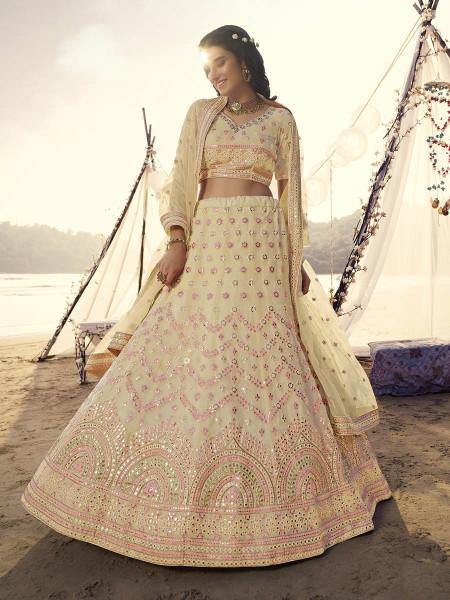 Light Yellow Embroidered Organza bridal Lehenga Clothsvilla