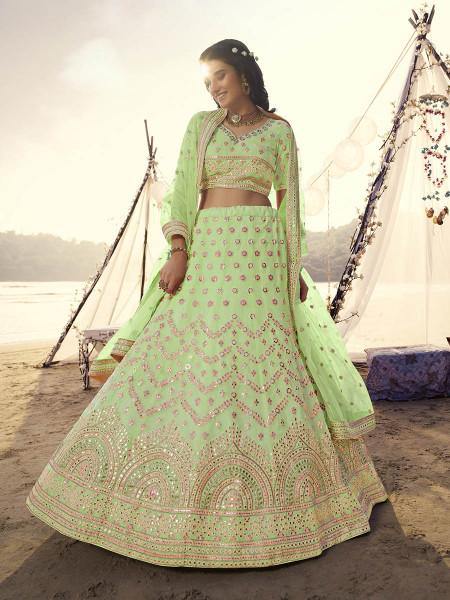 Parrot Embroidered Organza bridal Lehenga Clothsvilla