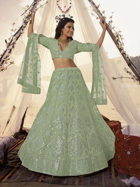 Pista Embroidered Organza bridal Lehenga Clothsvilla