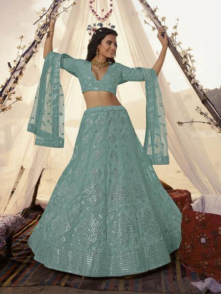 Sea Green Embroidered Organza bridal Lehenga Clothsvilla