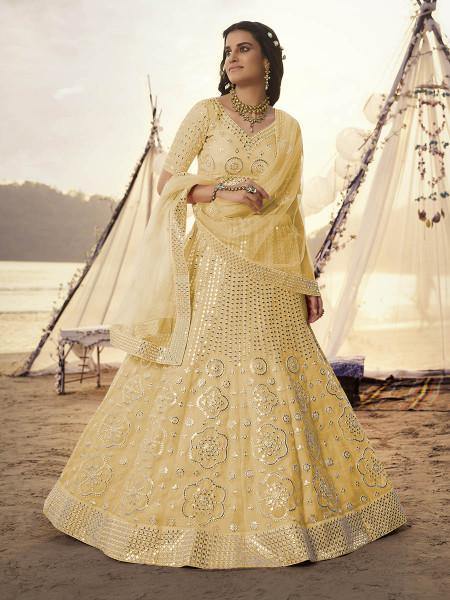 Yellow Embroidered Organza bridal Lehenga - Main Image