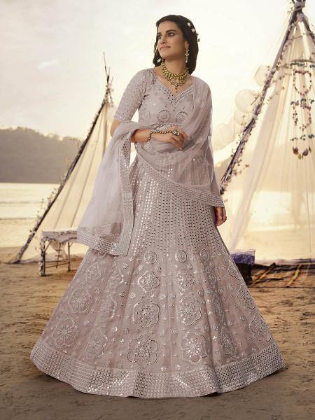 Grey Zari and Thread Embroidered Net Semi Stitched Bridal Lehenga -  MEGHALYA - 2912440