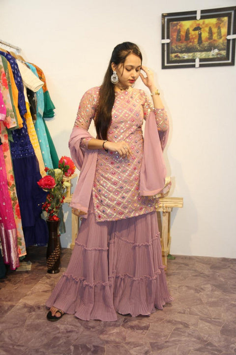 Designer Foil Mirror Work Peach Color Sharara Suit Main image