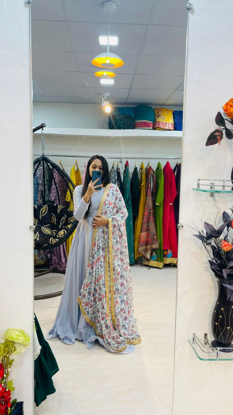Designer Sky Blue Color Gown With Printed Dupatta