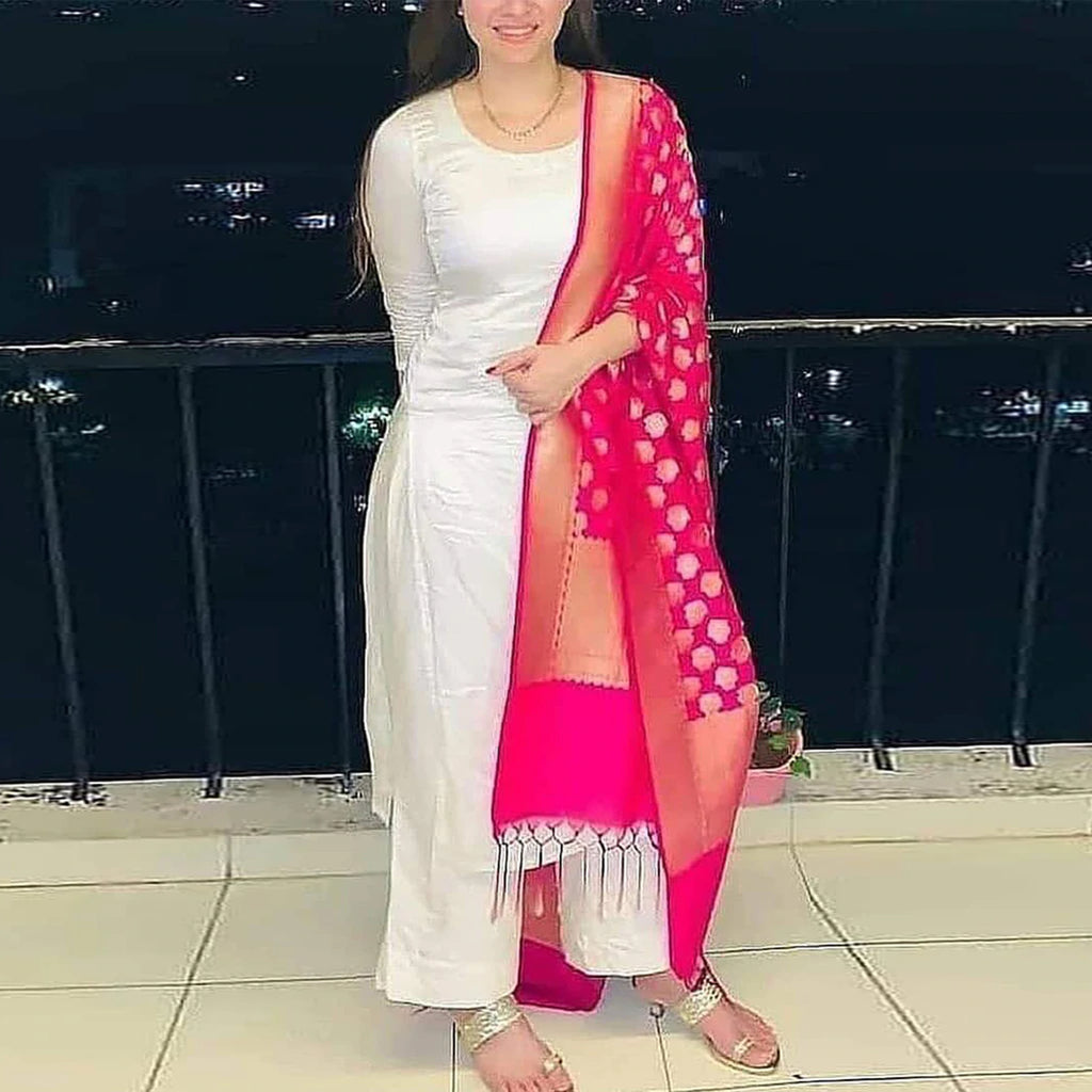 White Salwar Suit In Cotton with Banarasi Silk Dupatta ClothsVilla