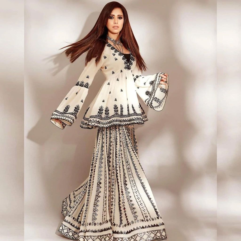 White Sharara Palazzo Set in Georgette with Resham Work ClothsVilla