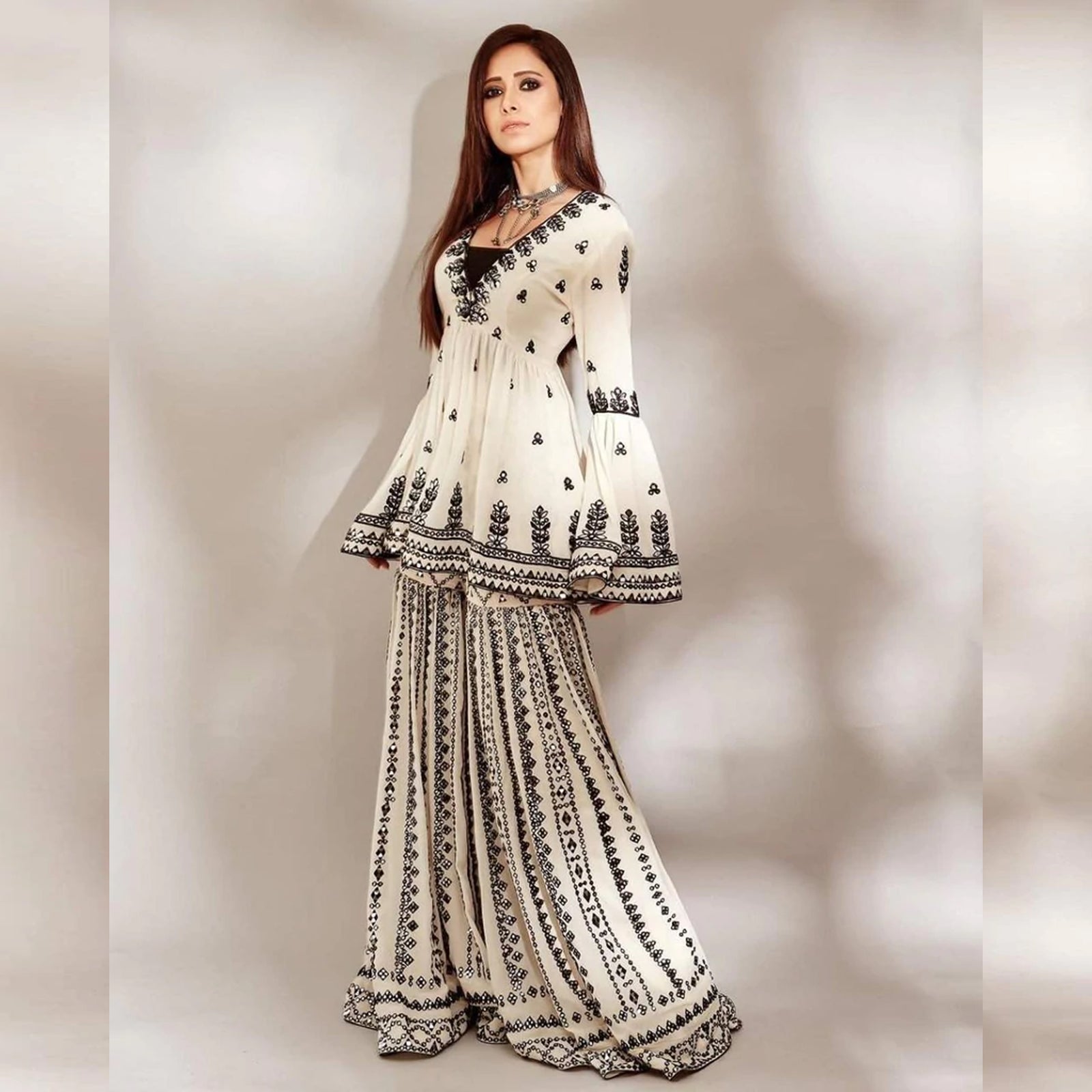 White Sharara Palazzo Set in Georgette with Resham Work ClothsVilla