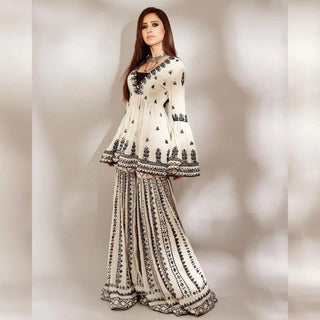 White Sharara Palazzo Set in Georgette with Resham Work ClothsVilla
