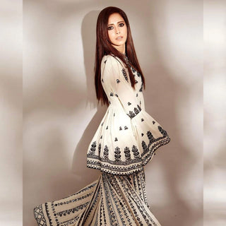 White Sharara Palazzo Set in Georgette with Resham Work ClothsVilla