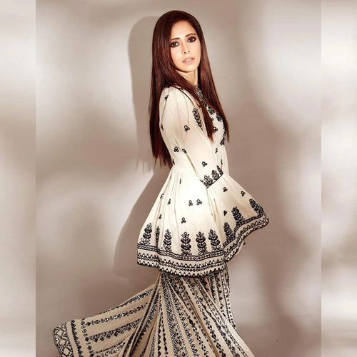 White Sharara Palazzo Set in Georgette with Resham Work ClothsVilla