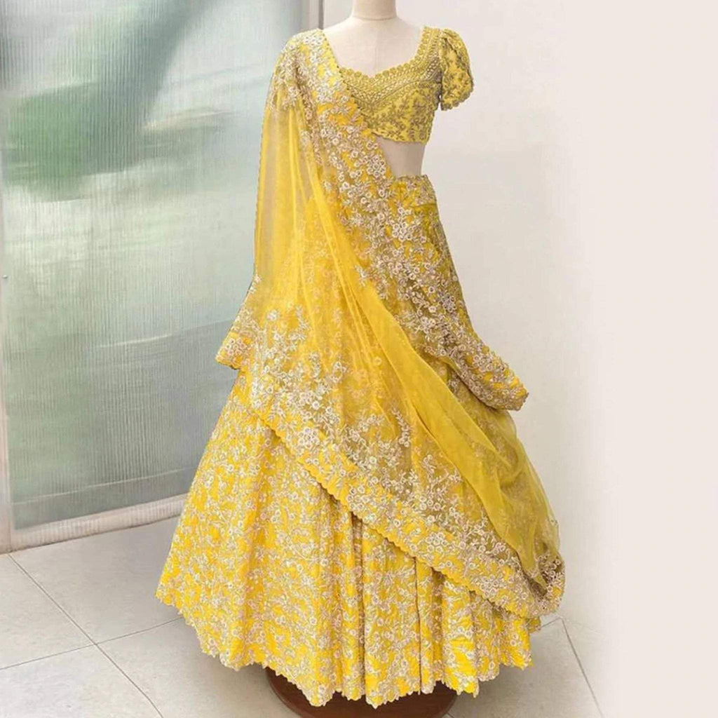 Yellow Bangalore Silk Indian Traditional Designer Haldi Ceremony Wedding Lehenga choli ClothsVilla