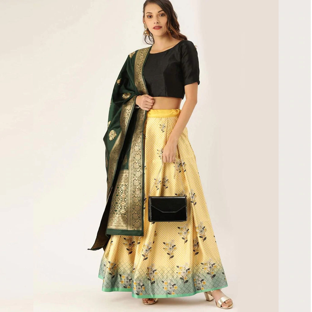 Yellow Color Satin Lehenga with Banarasi Silk Dupatta ClothsVilla