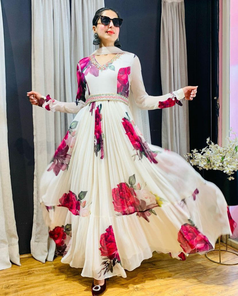 Alluring Floral Print White Color Designer Gown With Dupatta