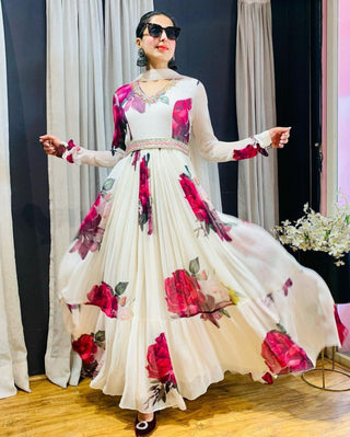 Alluring Floral Print White Color Designer Gown With Dupatta
