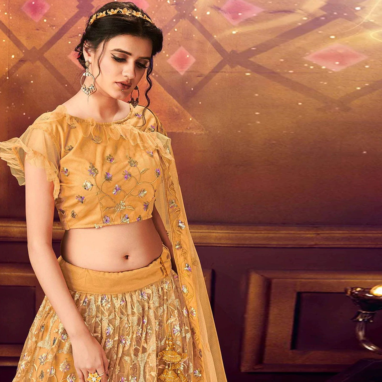 Yellow color Net Lehenga Choli with Embroidery work ClothsVilla
