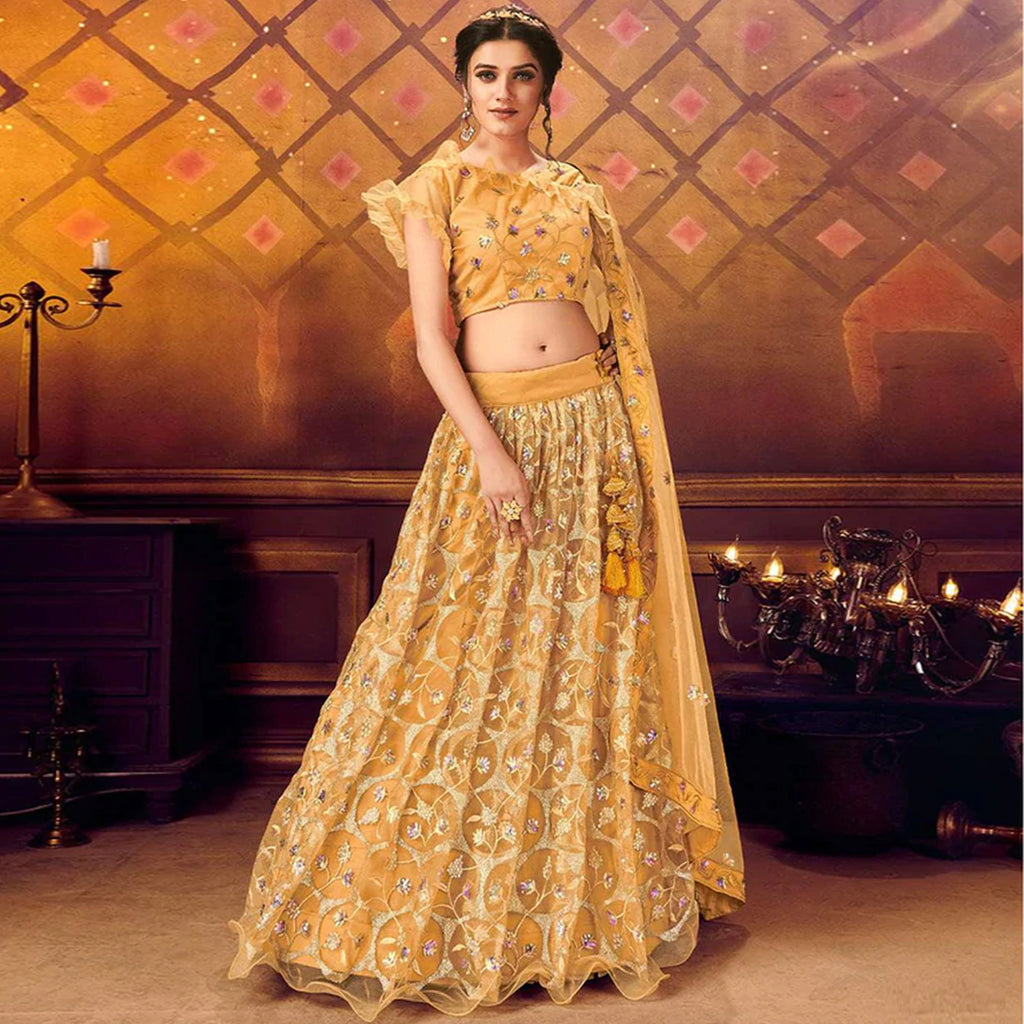 Yellow color Net Lehenga Choli with Embroidery work ClothsVilla