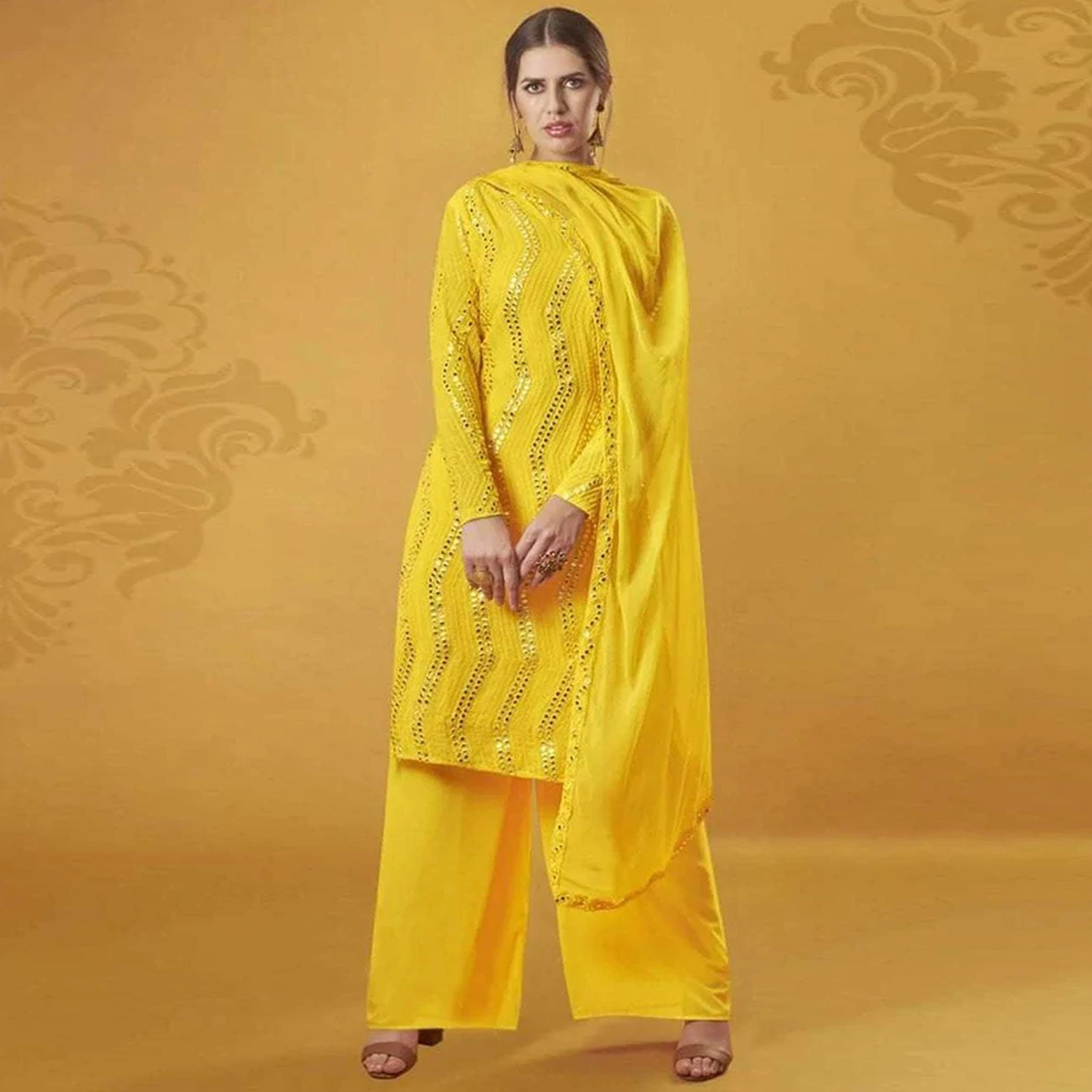 Yellow Color Suit with Foil Mirror Work ClothsVilla Main image