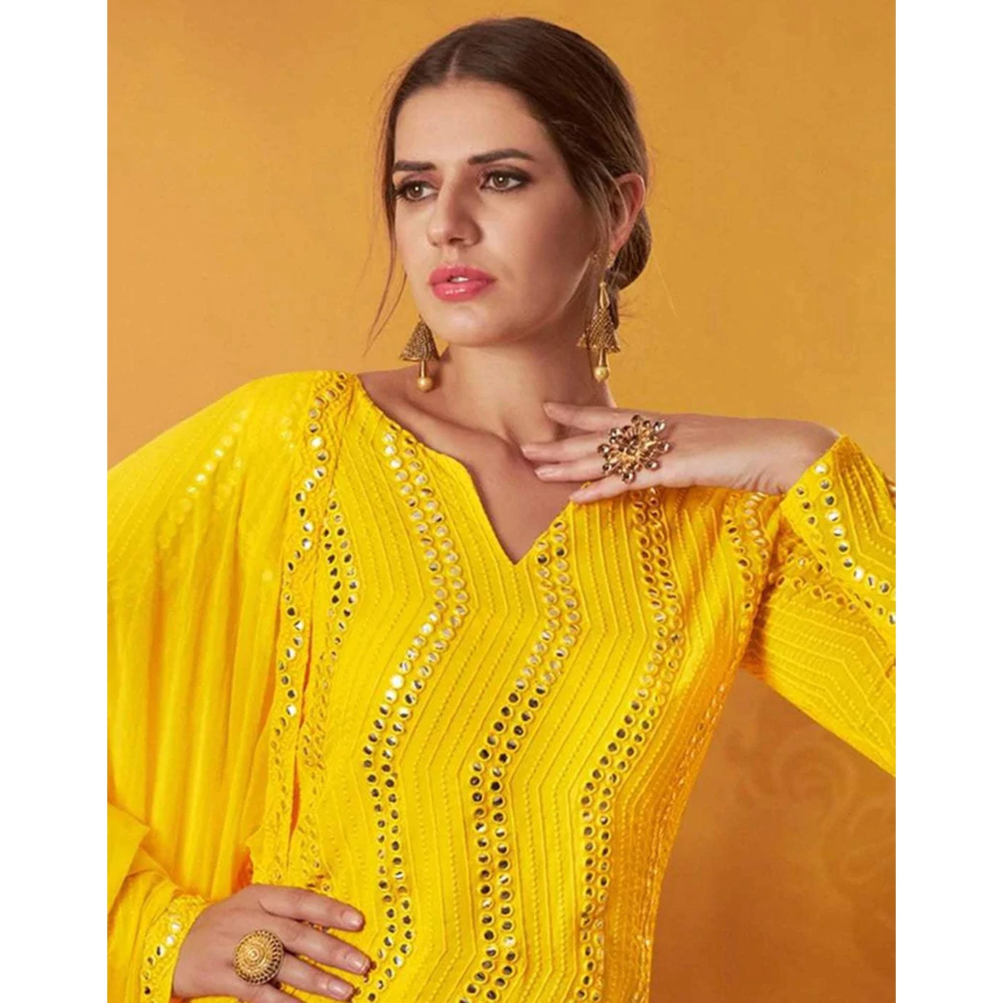 Yellow Color Suit with Foil Mirror Work Secondary image
